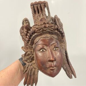 10x 6 Old Carved Asian Dark Wood Crowned Queen With Dragon With Teeth & Eyes